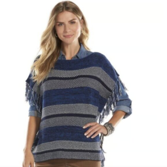 Chaps Denim Fringe Poncho Sweater - Picture 1 of 6